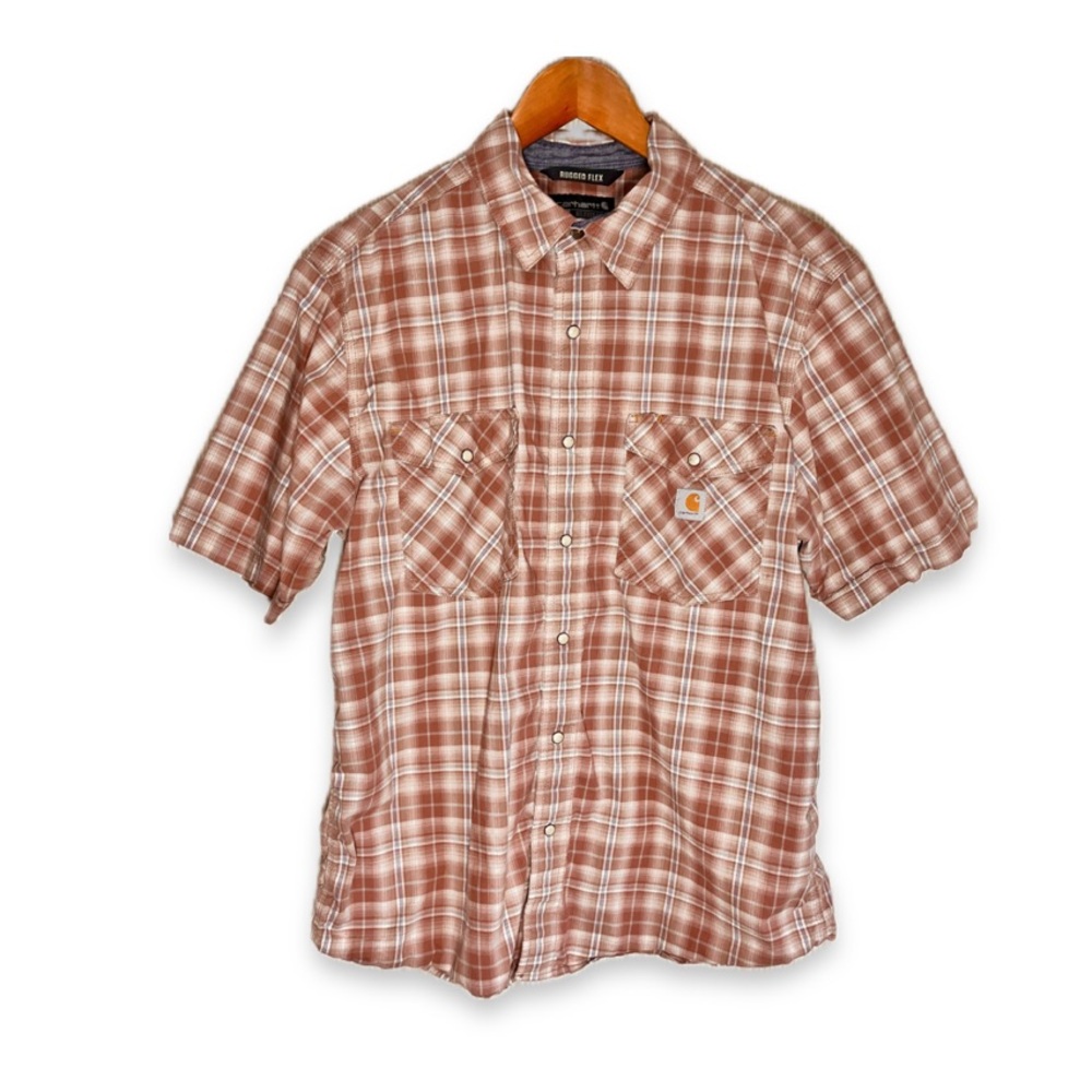 Carhartt Rugged Flex Relaxed Fit Plaid Shirt Pearl Snap Front Terracotta Western